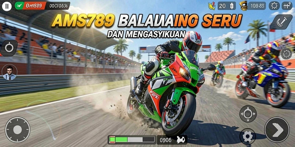 Tampilan utama gameplay <strong>AMS789</strong> menampilkan balapan motor yang cepat dan menegangkan.