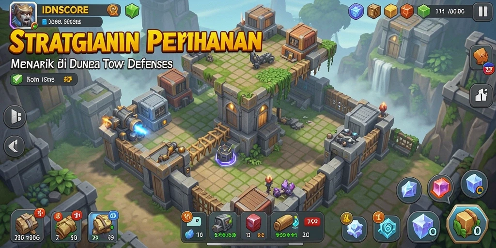 Menara pertahanan berinteraksi dengan musuh dalam IDNSCORE yang seru.