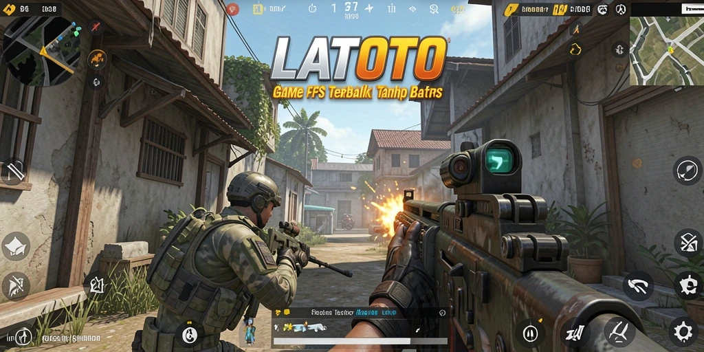 Screenshot utama LATOTO menunjukkan aksi gameplay FPS yang mendebarkan.