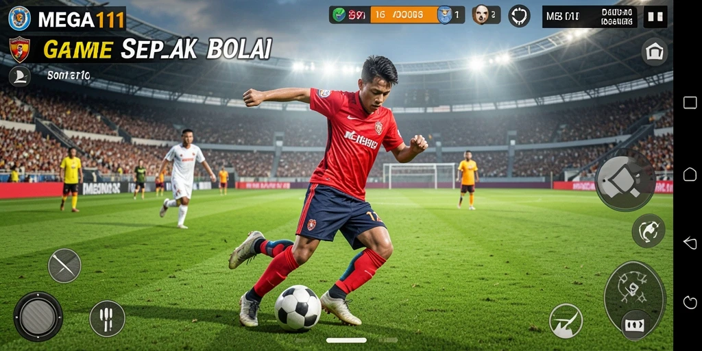Tampilan gameplay seru di MEGA111 dengan aksi sepak bola mendebarkan.