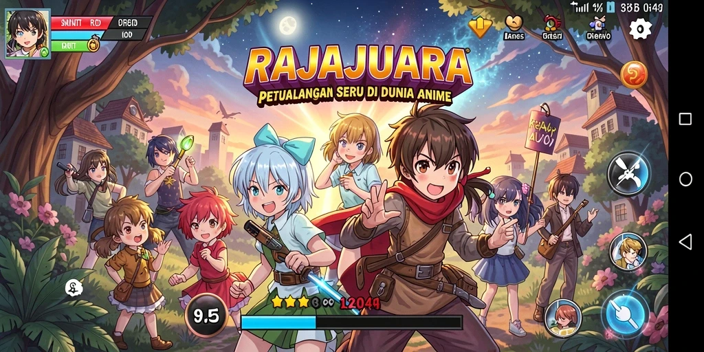 Screenshot gameplay RAJAJUARA menampilkan aksi pertarungan yang seru dan karakter anime.