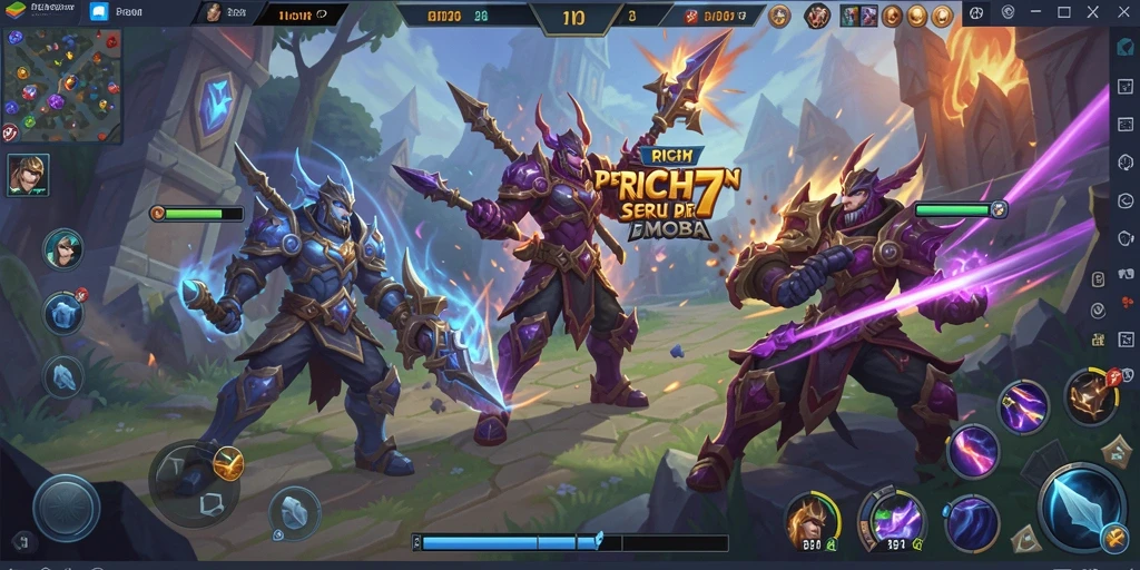 Screenshot gameplay pertempuran seru di RICH7 menampilkan aksi hero yang mengesankan.