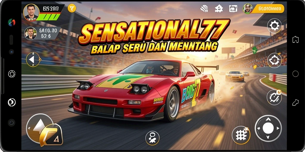 Tampilan gameplay menegangkan di lintasan balap SENSATIONAL77.